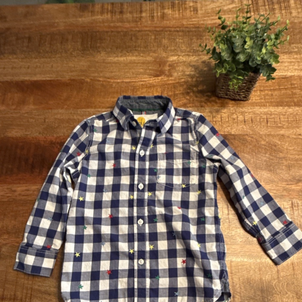 Boden Boys Button Down Shirt Size 5-6Y Blue Gingham Star Embroidered Long Sleeve